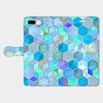 ハニカムボヘミアンパターン （cool　blue）　iphone　6plus/7plus/8plus 専用　手帳型スマホケース　の画像