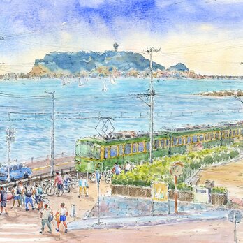 注文制作します　水彩画原画　江の島と江ノ電15（＃383)の画像