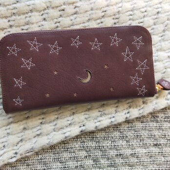 刺繍革財布『星空』牛革BROWN×silver☆Slimラウンドファスナー型☆の画像