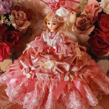 soldプリンセスの薔薇 リボンの花束 タッキング ドレープ ドールドレス ピンクベロアの画像