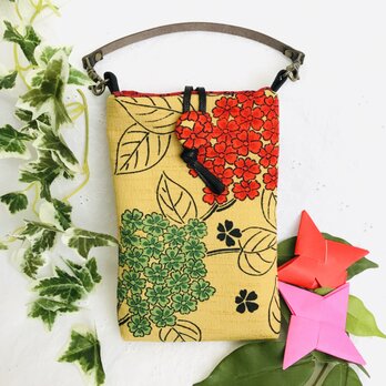 着物リメイク・紬のスマホポーチ・紫陽花
