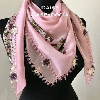 ニードルレース　刺繍のコットンスカーフ　ピンクの画像