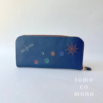 刺繍革財布『宇宙』NAVY×Colors（牛革）／ラウンドファスナー型 長財布
