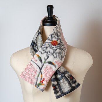 銘仙×リネン刺繍の小さな襟巻き311 ストール ネックウォーマー プチマフラー リバーシブル 着物リメイク