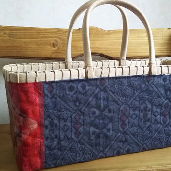 一閑張りクラフトバック　豆絞り風口布付き　ウッドビーズ付き