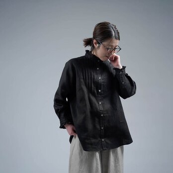 【wafu】Linen Shirt ピンタックシャツ スターチド・ブザム / ブラック t033a-bck2の画像