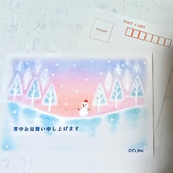 寒中お見舞い3枚セット　雪景色と雪だるまパステルアート ポストカード