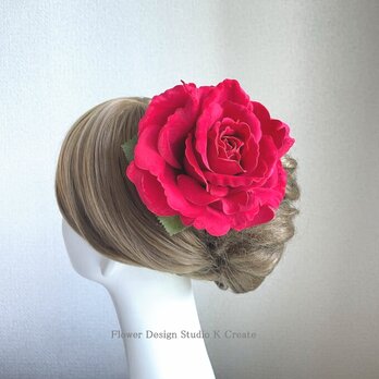 フラメンコ・フローレス・発表会に♡ベロア調の大輪の赤い薔薇のヘアクリップ　赤　薔薇　バラ　ダンス　髪飾りの画像