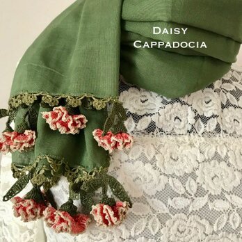 立体刺繍の花付き　コットンストール　グリーン＆カーネーションの画像