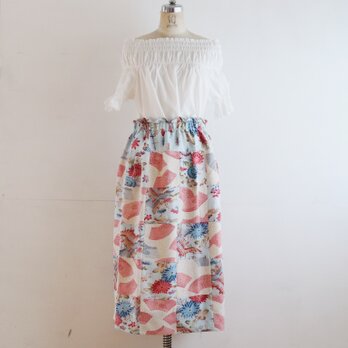 絹　紅型染風パッチワークのリラックスゴムスカート　Fサイズの画像