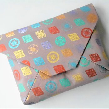 数寄屋袋　クラッチバッグ　シルク（正絹）ピンク地製　七宝　レインボーカラー　色箔加工の画像