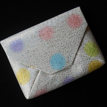 数寄屋袋　クラッチバッグ　シルク（正絹）白地製　水玉（うす色）ドット　ホログラム箔　の画像