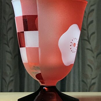台付き白梅市松グラス　無色×赤＋黒　(1個）の画像