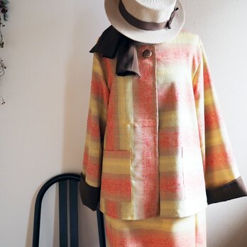 ミモザ色とパステルオレンジのジャケット【リバーシブル仕立てリボンスカーフ付き】-ウール着物からの画像