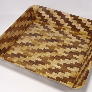 29×29×5cm 角器　ブロック柄　寄木　square wooden containerの画像