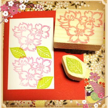✿春の花はんこ〓【桜三輪＆葉】4×5㎝の画像