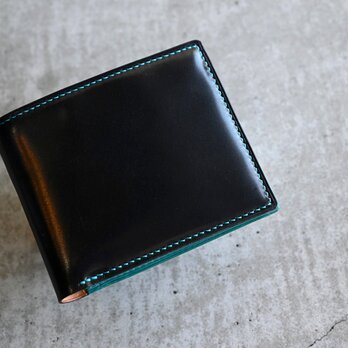 【コードバン ブラック×ブッテーロ ターコイズ】二つ折り財布　ハーフウォレット　コンパクトウォレットの画像