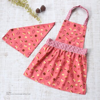 ■試作【100-120】キッズエプロン・三角巾セット　スウィーツケーキ　ピンク　女の子用ギャザーエプロンの画像