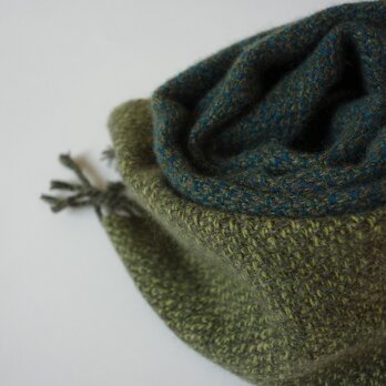 手織りカシミアマフラー・・深緑×黄緑の画像