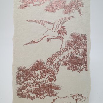 ギルディング和紙葉書　鶴と松　赤混合の画像