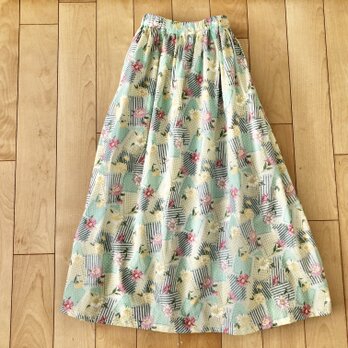 【大SALE】パッチワークデザイン小花綿ローンギャザースカート（グリーン）の画像