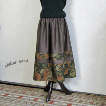 着物リメイク♪大島紬と十日市紬でシックな大人スカート：丈７７ｃｍ（裏地付きの画像
