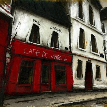 風景画 パリ 油絵「CAFE DE MARCHE」の画像