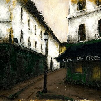 風景画 パリ 油絵「モンマルトルのカフェ」の画像