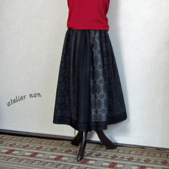着物リメイク♪４種の大島紬紺系のパッチスカート（裏地付き）：丈７７ｃｍの画像