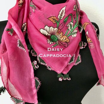 ニードルレース　刺繍のコットン・ハンドペイント スカーフ　パッションピンクの画像