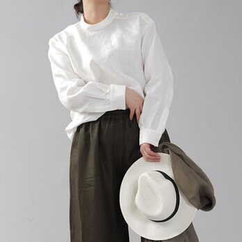 【wafu】中厚地 リネン 肩ボタン ブラウス シャツ スタンドカラー シェルボタン/ホワイト t019b-wht2