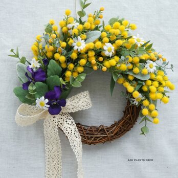 Spring Wreath ～mimosa～23x25（造花）の画像