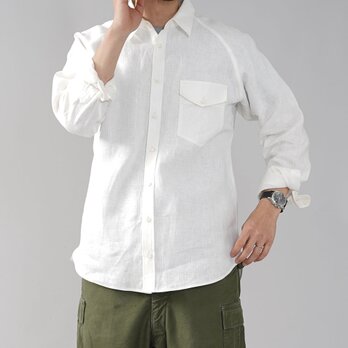【wafu】【L】メンズ 中厚地 リネン ラグラン シャツ 長袖  胸ポケット メンズライク/ホワイトt035h-wht2-lの画像