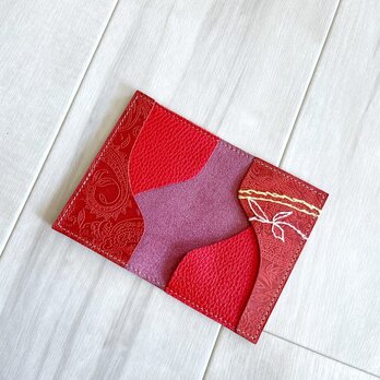 赤一色と刺繍 カードケース 本革 レザー 名刺入れ シュリンク レッドの画像
