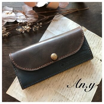 栃木レザーバイカラー長財布＊Dark Choco×Navyの画像