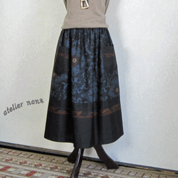 着物リメイク♪2枚の大島紬の粋なラインがおしゃれなスカート（裏地付き）：丈７８ｃｍの画像