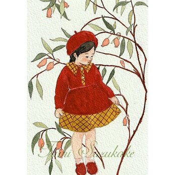 水彩画・原画「可愛い女の子・秋の花」の画像