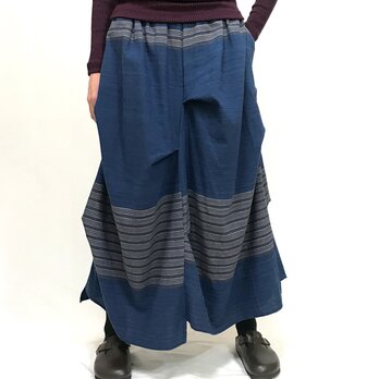 藍染め手織り綿の変わりロングスカート、フリーサイズの画像