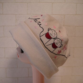 コットン素材スパンフライスニット生地っで作ったニット帽（桜とお地蔵様）の画像