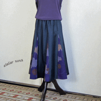 着物リメイク♪大島紬と正絹で作ったシックで粋なフレアースカート（裏地付き）：丈７６㎝の画像