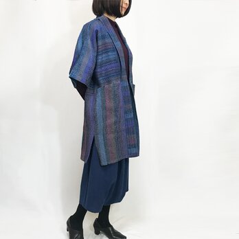 L~3Lサイズ、手織り綿刺し子のローブコート、ハーフコート、羽織コートの画像
