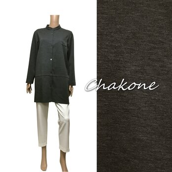 【チュニック】ゆったりスタンドカラー・シャツチュニック(Ｆ) ウール(ストレッチ) グレー