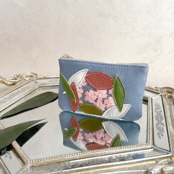 Sakura革小物 ポーチ 本革 ペールブルー &花柄 スエード ブルー w/ さくら チュールの画像