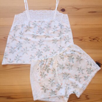 フラワーハンドプリントシルクキャミソール ショーツセット