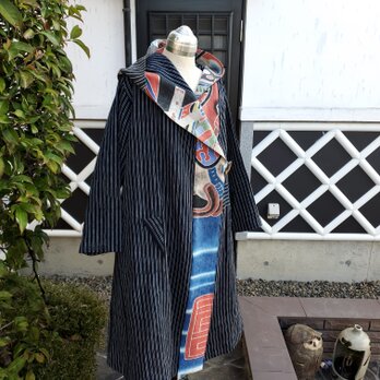 着物リメイク　古布手作り　ゴリゴリ麻、旗のコートの画像