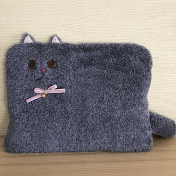 iPadケース／猫型チャコールグレー（ファー×ツイード）の画像