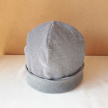 ♪新春SALE♪ニットのリバーシブル帽子(Lサイズ)＊細ボーダー(ダークネイビー×オフ白)×杢グレーの画像