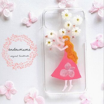 女の子　春　イラスト　絵の具　スマホケース カバー ドレス 押し花 ドライフラワー iPhone 大人カワイイの画像