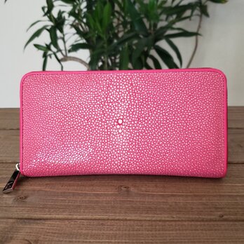 ガルーシャ（エイ革）レディース・メンズ財布　ラウンドファスナー　ポリッシュ　ピンクの画像
