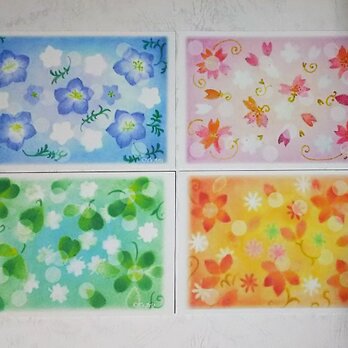 ポストカード4枚セット　ネモフィラ・桜・クローバー・花のイラスト　パステルアート絵葉書の画像